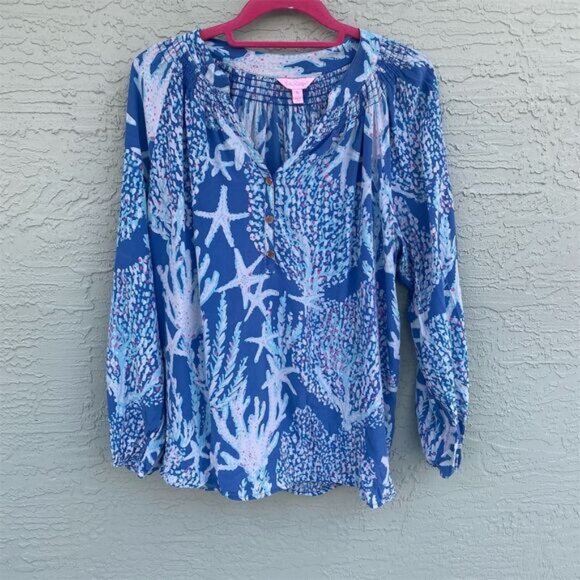 Lilly Pulitzer Elsa Silk Top Indigo Good Reef Size XL - Picture 1 of 11